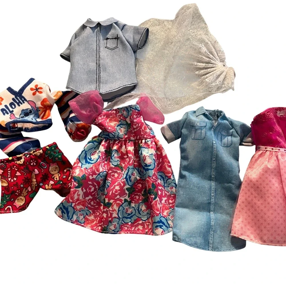 Mixed Barbie Doll Clothes Lot Floral Dress Denim Gown Stitch Top Shorts Veil